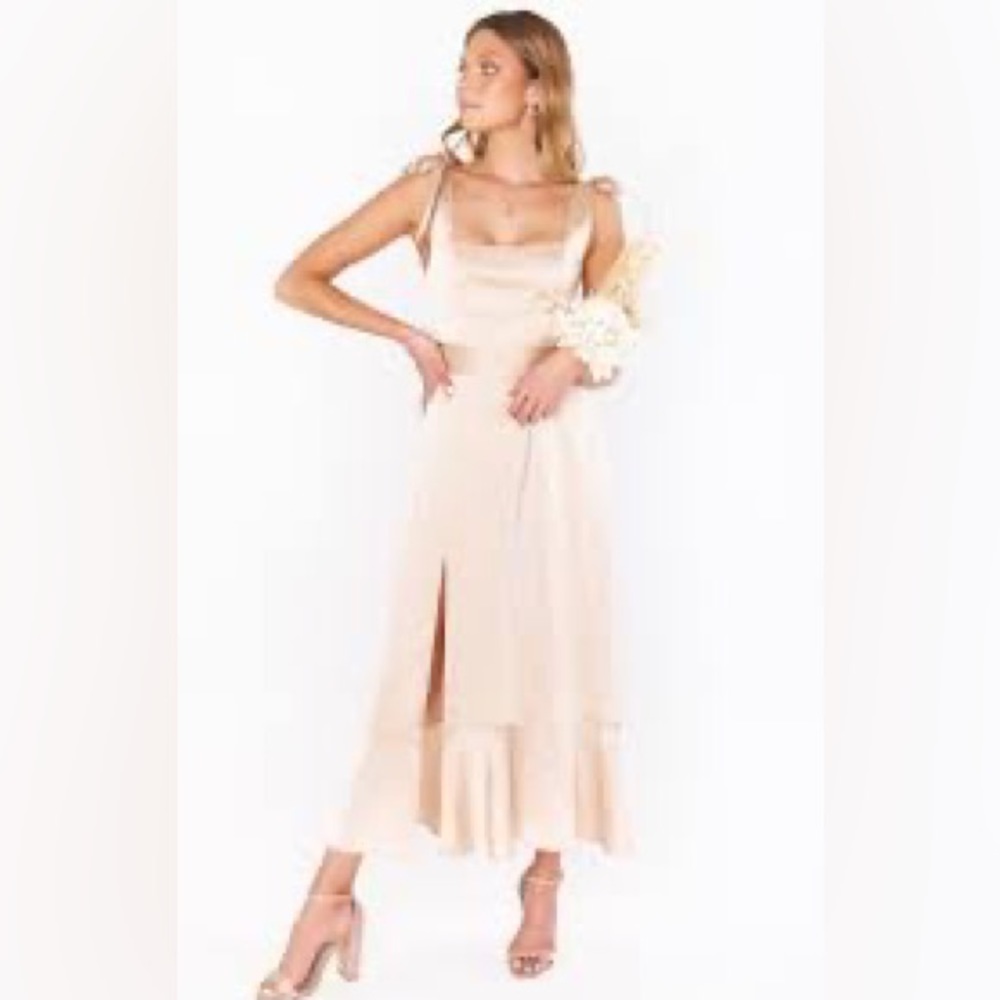 Claire Midi Dress ~ Champagne Luxe Satin, size small. Excellent condition.